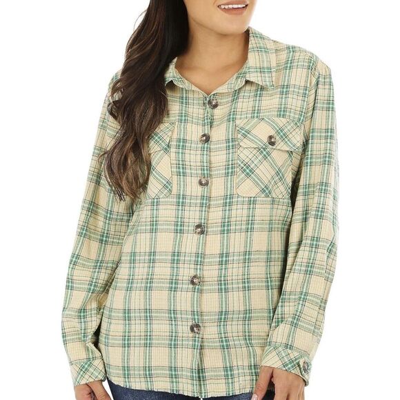 Democracy Women Green Plaid Frayed Longsleeve Button Down Size S T Shirt Pockets - Picture 1 of 16